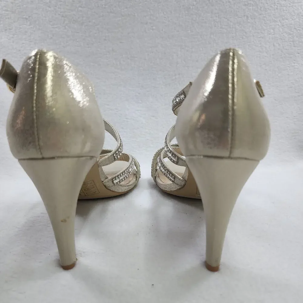 Kelly & Katie Shoes 6.5 High Heel Strappy Pumps BEIGE Gold Glass Night Out Sexy - Picture 8 of 11